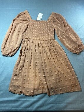 BTFBM Textured Puff-Sleeve Dress in Light Brown